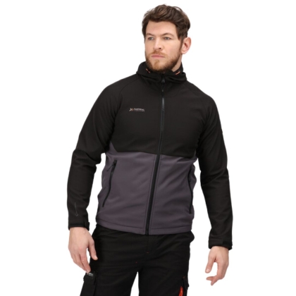 Giacca, Tactical Threads Surrender, colore nero e grigio, Softshell, idrorepellente, con cappuccio, indossata