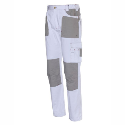 Pantalone, ISSA, Stretch, 8730B, colore bianco, tasche nere, in Cotone, con ginocchiere con rinforzi impermeabili