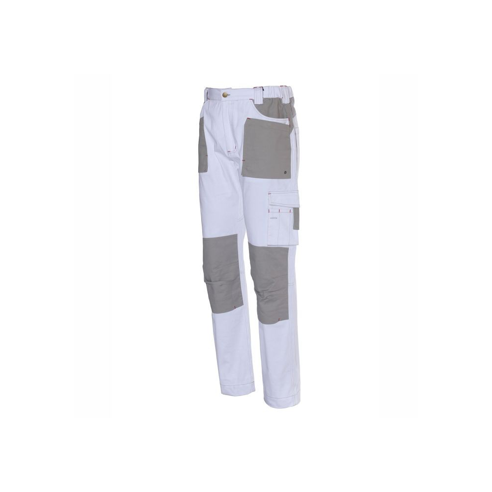 Pantalone, ISSA, Stretch, 8730B, colore bianco, tasche nere, in Cotone, con ginocchiere con rinforzi impermeabili
