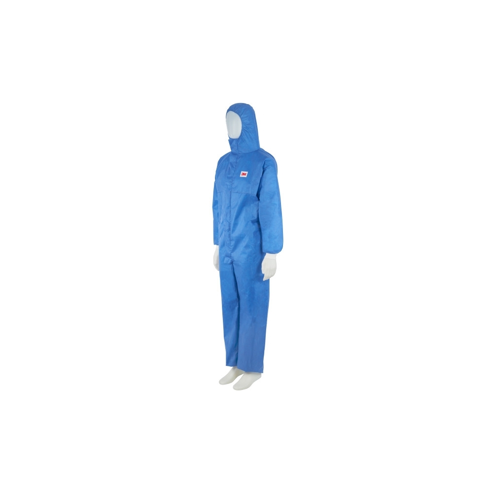 Tuta protettiva monouso 3M, 4532+, colore blu, con cappuccio, indossata da un manichino