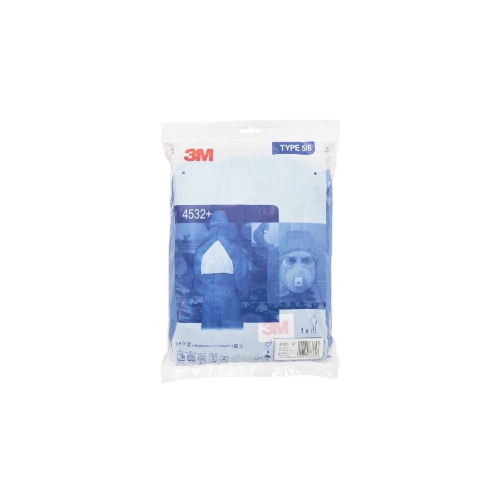 Tuta protettiva monouso 3M, 4532+, colore blu, con cappuccio, sacchetto contenitivo