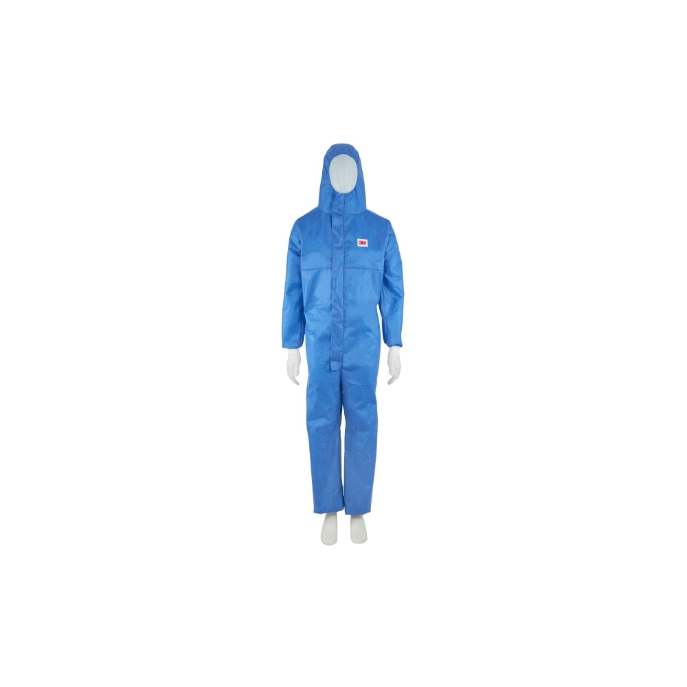 Tuta protettiva monouso 3M, 4532+, colore blu, con cappuccio, indossata da un manichino